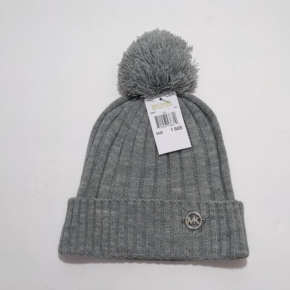 Michael Kors Light Gray Knit Beanie Pom Pom Silver MK One Size NEW